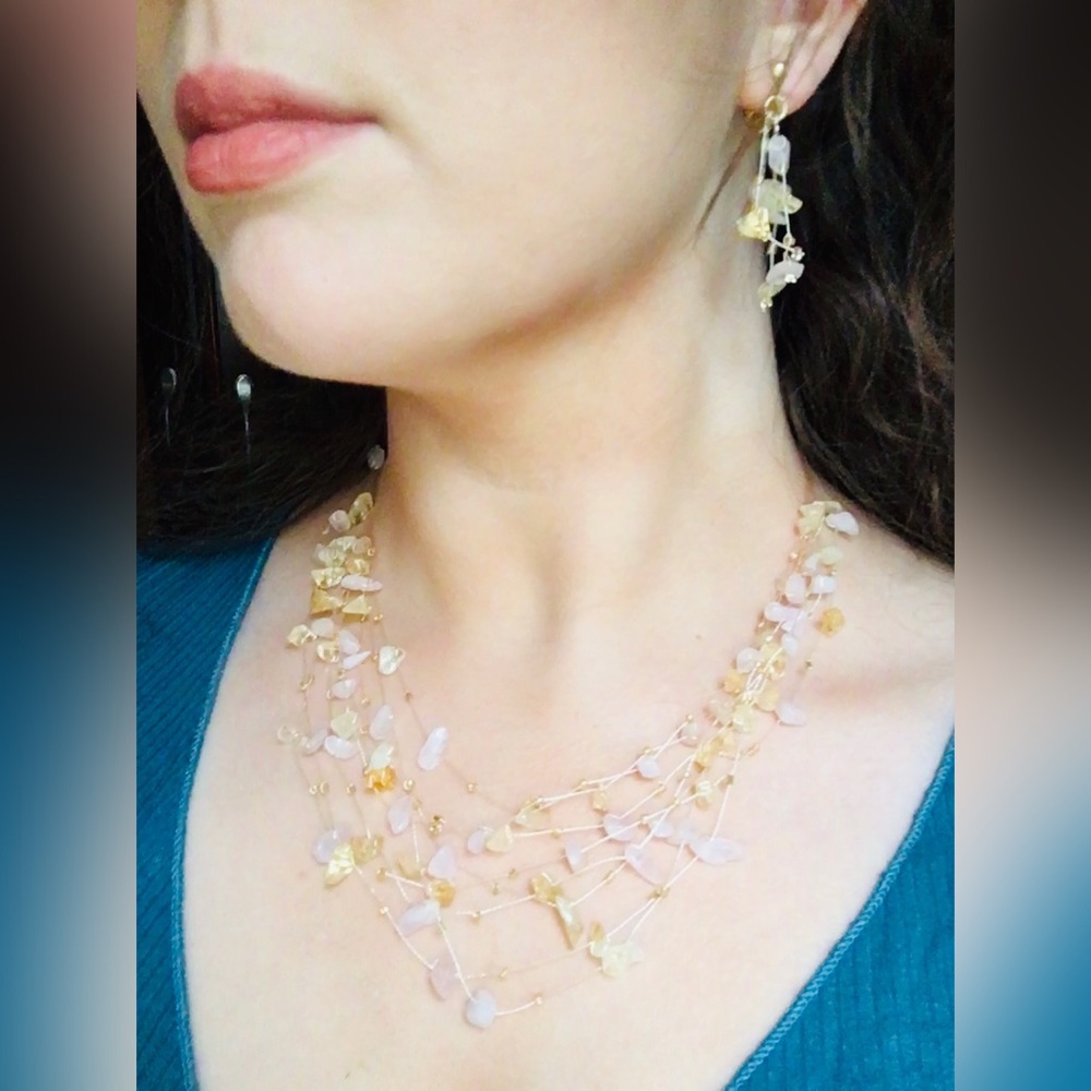Rose Quartz & Citrine Floating Necklace and Earrings Set